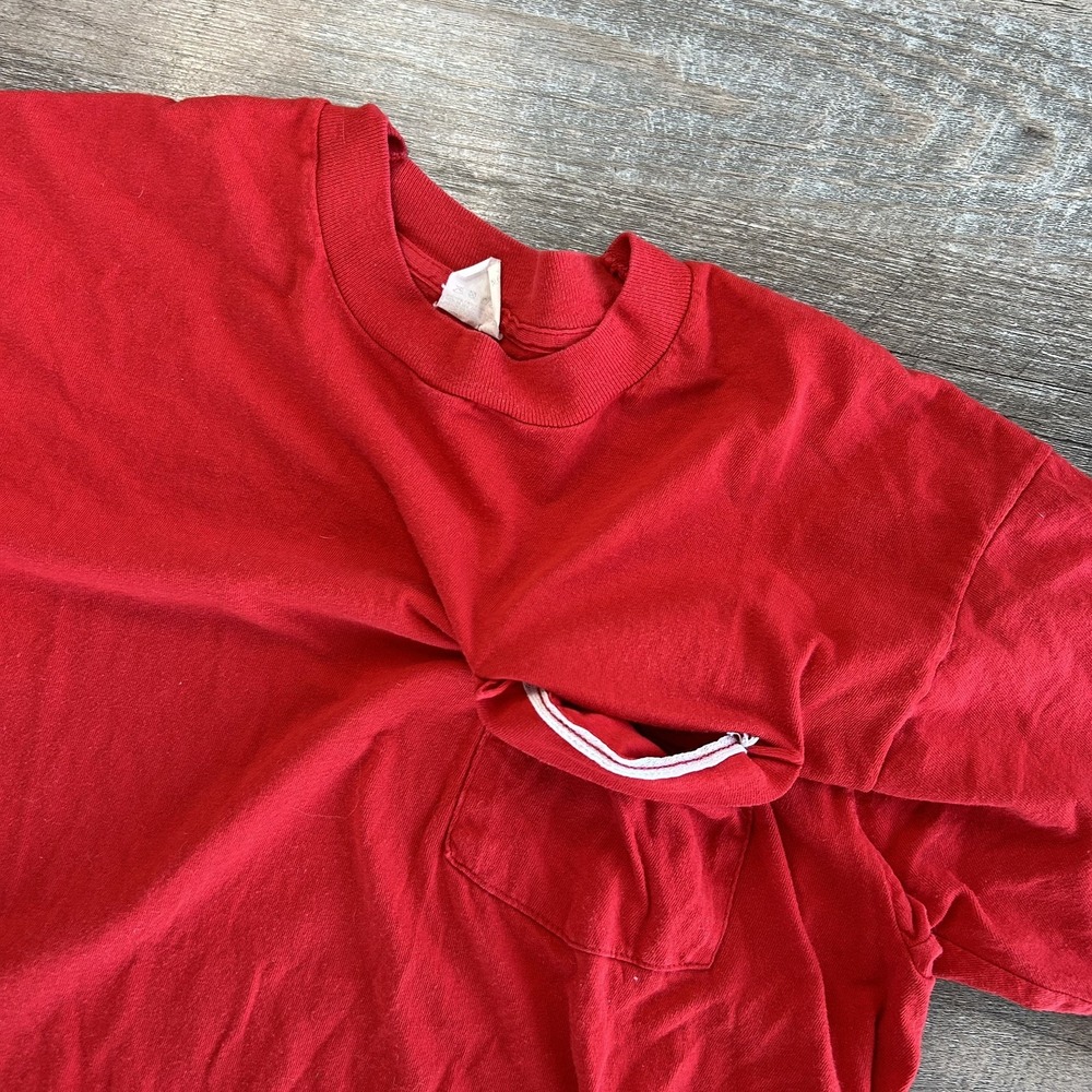 Vintage 80s Fruit Of The Loom Blank Selvedge Pocket Tee Red Medium Made In USA